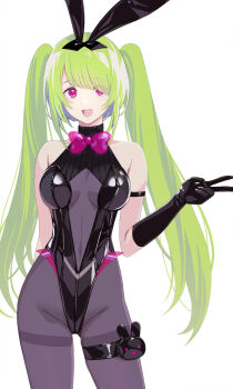 1girl arm_strap black_gloves black_leotard bodystocking bow bowtie breasts center_opening commentary_request gloves green_hair highres leotard linea_alba long_hair nonaka_nono open_mouth original pink_bow pink_bowtie pink_eyes sleeveless solo thigh_strap thighband_bodystocking v white_background