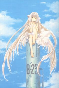 00s 1girl absurdly_long_hair bare_shoulders barefoot blonde_hair brown_eyes chii chobits clamp cloud day dress feet female_focus full_body highres long_hair official_art robot_ears sitting sky smile solo strap_slip sundress tower very_long_hair