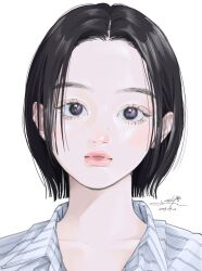 Rule 34 | 1girl, artist name, black eyes, black hair, dated, highres, looking at viewer, original, parted lips, portrait, shirt, short hair, signature, simple background, solo, striped clothes, striped shirt, white background, yoshino ganko
