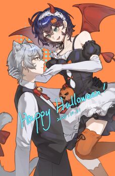 1boy 1girl :d absurdres alternate_costume animal_ears asymmetrical_legwear bell belle_(zenless_zone_zero) black_gloves black_shirt black_vest blue_eyes blue_hair bow bowtie brother_and_sister cat_boy cat_ears cat_tail collared_shirt demon_horns demon_tail demon_wings elbow_gloves food-themed_hair_ornament gloves grey_hair hair_ornament hairclip happy_halloween highres horns hug moyaoyaoyaoyao_r neck_bell off-shoulder_shirt off_shoulder open_mouth orange_background orange_socks orange_thighhighs puffy_short_sleeves puffy_sleeves pumpkin_hair_ornament red_bow red_bowtie red_horns red_tail red_wings shirt short_hair short_sleeves siblings single_sock single_thighhigh skirt smile socks spaghetti_strap tail thighhighs tongue vest white_gloves white_shirt white_skirt wings wise_(zenless_zone_zero) zenless_zone_zero