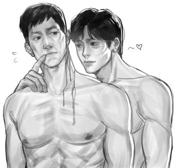 2boys abs agremur bags_under_eyes black_eyes black_hair bleeding blood blood_trail greyscale hand_on_another's_mouth hand_on_another's_shoulder heart highres hwang_in-ho looking_at_another male_focus monochrome multiple_boys muscular muscular_male nipples no_shirt pectorals seong_gi-hun short_hair squid_game yaoi