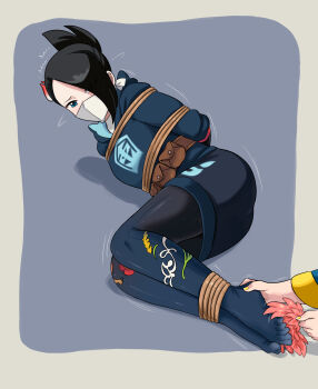 1girl absurdres arms_behind_back ass bdsm black_hair blue_eyes blush body_blush bondage bound bound_ankles cloth_gag gag gagged hair_ornament hair_over_one_eye highres improvised_gag lost_one_zero mai_(pokemon) nintendo over_the_nose_gag pantyhose pokemon pokemon_legends:_arceus rope tickling
