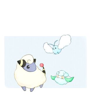 animal_focus bird blue_background blue_skin cloud colored_skin cottonee fireblast fluffy gen_2_pokemon gen_3_pokemon gen_5_pokemon mareep nintendo no_humans pokemon pokemon_(creature) sheep simple_background swablu tail two-tone_background white_background wings wool