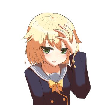 Rule 34 | 1girl, black jacket, blonde hair, bow, bowtie, breasts, buttons, cdefsorab, commentary request, double-breasted, flipped hair, green eyes, grey sailor collar, hair between eyes, hand in own hair, hand on own head, hand up, highres, jacket, kariya wakana, long sleeves, looking at viewer, medium hair, open mouth, sailor collar, sanoba witch, school uniform, serafuku, simple background, small breasts, smile, smug, solo, tsurime, upper body, white background, yellow bow, yellow bowtie