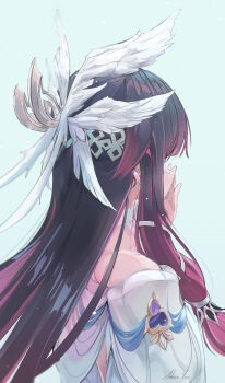 1girl absurdres bare_shoulders black_hair columbina_(genshin_impact) commentary dress eye_mask feathered_wings from_behind genshin_impact hair_ornament head_wings highres hooriyuu long_hair mask multicolored_hair multiple_wings pink_nails purple_hair signature solo streaked_hair very_long_hair white_background white_dress white_mask white_wings wing_hair_ornament wings