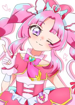 Rule 34 | 1girl, absurdres, bow, braid, brooch, commentary request, cure mystic, dot nose, dress, fingerless gloves, gloves, hair bow, hair ornament, head tilt, heart, heart brooch, heart hair ornament, heart in eye, highres, jewelry, kobayashi mikuru, long hair, looking at viewer, magical girl, meitantei precure!, one eye closed, parted bangs, pink bow, pink dress, pink eyes, pink gloves, pink hair, pink theme, pouch, precure, sidelocks, smile, solo, split mouth, symbol in eye, twin braids, upper body, zumomo (amvs8557)