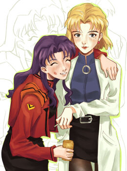 2girls absurdres akagi_ritsuko beer_can belt blonde_hair can cigarette cl0wnhouse closed_eyes drink_can happy highres katsuragi_misato lab_coat lipstick_mark multiple_girls neon_genesis_evangelion purple_hair red_lips skirt smile yuri