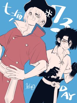 Rule 34 | 2boys, belt, black hair, blue background, closed mouth, coat, commentary request, copyright name, dr. stone, gloves, hair between eyes, hands on own hips, hat, highres, limited palette, looking at viewer, male focus, multiple boys, nanami ryuusui, nanami sai, ninomae gin, pants, partially colored, pirate, pirate hat, red coat, shirt, short hair, short sleeves, signature, simple background, smile, torn clothes, yellow eyes