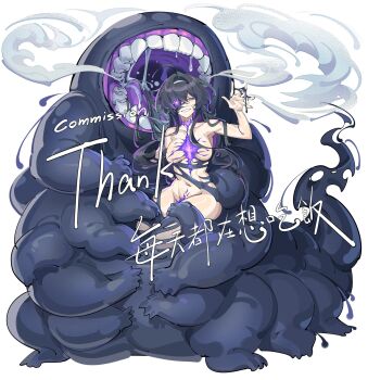 Rule 34 | 1girl, black hair, breasts, clenched teeth, collarbone, commission, full body, glowing, glowing eye, grey hairband, grin, hairband, half-closed eye, highres, large breasts, long hair, looking at viewer, monster, monster girl, navel, open hand, open mouth, original, purple eyes, saliva, simple background, smile, solo, teeth, thick thighs, thighs, translation request, uvula, white background, zocehuy