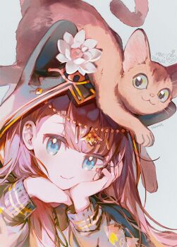 Rule 34 | 1girl, arknights, blue eyes, brown hair, cat, closed mouth, dated, female focus, happy birthday, long hair, long sleeves, looking at viewer, namie-kun, pepe (arknights), signature, solo