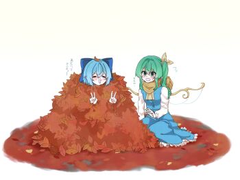 2girls :d autumn autumn_leaves blue_bow blue_hair blue_skirt blue_vest blush bow cirno commentary_request daiyousei double_v fairy fairy_wings frills green_eyes green_hair hair_between_eyes highres leaf long_sleeves medium_hair multiple_girls open_mouth panicking scarf shirataki_oden2 shirt side_ponytail skirt smile touhou v vest white_shirt wings yellow_scarf