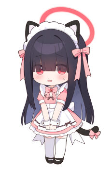 1girl alternate_costume animal_ear_fluff animal_ears apron black_hair black_shoes blue_archive blunt_bangs blush bow cat_ears cat_girl cat_tail dress eyes_visible_through_hair hair_bow hair_over_eyes highres justice_task_force_member_(blue_archive) long_hair looking_at_viewer maid_apron open_mouth pink_bow pink_dress puffy_short_sleeves puffy_sleeves shoes short_sleeves sidelocks solo sweatdrop tail tail_bow tail_ornament thighhighs white_apron white_thighhighs wrist_cuffs zcx