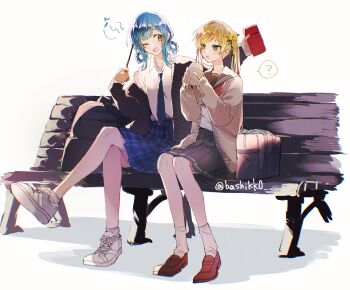 2girls ? alternate_costume bag bench black_cardigan blonde_hair blue_hair blue_skirt braid braided_hair_rings brown_cardigan brown_shoes cardigan collared_shirt commentary_request crossed_legs food full_body green_sailor_collar green_skirt hair_rings hashi_(hashikk0) highres holding holding_food holding_pocky loafers long_hair long_sleeves looking_at_another mahou_shoujo_no_majo_saiban multiple_girls musical_note on_bench one_eye_closed open_mouth park_bench pleated_skirt pocky sailor_collar school_bag school_uniform shadow shirt shoes short_hair sitting skirt smile sneakers socks spoken_question_mark tachibana_sherry tono_hanna twitter_username white_background white_shirt white_shoes white_socks yellow_eyes