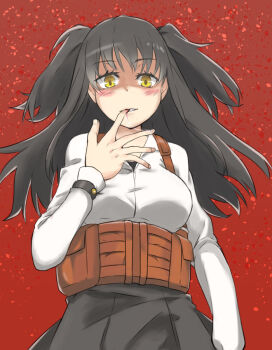 1girl black_hair blush breasts chest_rig collared_shirt commentary_request dot_nose finger_in_own_mouth grey_skirt hand_up large_breasts light_smile long_hair long_sleeves looking_at_viewer partial_commentary pleated_skirt pouch red_background saliva saliva_trail seductive_smile shaded_face shirt skirt smile solo toaru_kagaku_no_railgun toaru_kagaku_no_railgun_t toaru_majutsu_no_index twintails upper_body white_shirt wrist_belt yakutashi yellow_eyes yumiya_rakko