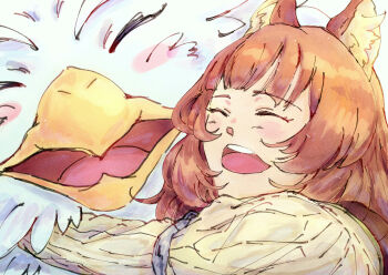 1girl 1other :d ^_^ absurdres animal_ear_fluff animal_ears blunt_bangs brown_hair closed_eyes commentary_request dress filo_(filolial_form)_(tate_no_yuusha_no_nariagari) filo_(tate_no_yuusha_no_nariagari) highres hug long_hair long_sleeves metal_arm_cuffs open_beak open_mouth pinstripe_dress pinstripe_pattern portrait raccoon_ears raccoon_girl raphtalia smile tate_no_yuusha_no_nariagari teeth tongue upper_teeth_only white_dress without_appoint