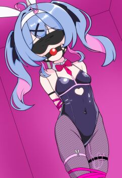 1girl absurdres arms_behind_back ball_gag bdsm blindfold blue_eyes blue_hair blush bondage bound gag gagged hair_ornament hatsune_miku highres looking_at_viewer mauschan playboy_bunny rabbit_hole_(vocaloid) ribbon self-upload short_twintails solo twintails variant_set vocaloid
