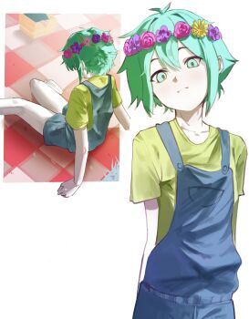 1boy absurdres antenna_hair basil_(headspace)_(omori) basil_(omori) blue_overalls checkered_blanket closed_mouth colored_skin double-parted_bangs flower flower_wreath green_eyes green_hair green_shirt hair_between_eyes head_wreath highres looking_at_viewer male_focus omore47858045 omori overall_shorts overalls picnic_basket picnic_blanket shirt short_hair short_sleeves sidelocks sitting solo t-shirt white_skin