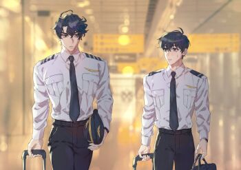 Rule 34 | 2boys, ahoge, airport, alternate costume, bag, belt, black hair, black necktie, blurry, bokeh, collared shirt, depth of field, hat, holding, holding bag, holding suitcase, holding unworn clothes, holding unworn hat, kim dokja, looking at another, making board, matching outfits, multiple boys, necktie, omniscient reader's viewpoint, shirt, shirt tucked in, short hair, shoulder pads, suitcase, sweatdrop, unworn hat, unworn headwear, white shirt, wing pin, yoo joonghyuk