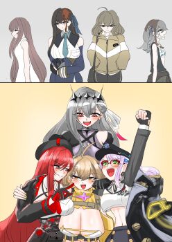 Rule 34 | 4girls, ahoge, anis (nikke), bandaged head, bandages, before and after, beret, black coat, black crown, black dress, black gloves, black hat, black skirt, black tiara, blood, blood in hair, blood on face, blood splatter, blood stain, blue necktie, blush, breasts, brown eyes, brown hair, cat hair ornament, cheek poking, choker, cleavage, clothes around waist, coat, coat on shoulders, commentary request, counters (nikke), crown, detached sleeves, dirty, dirty clothes, dirty face, dress, finger to another's cheek, finger to cheek, fingerless gloves, garrison cap, glasses, gloves, goddess of victory: nikke, gradient necktie, green eyes, grey hair, hair ornament, hand on another's face, hat, highres, index finger raised, jacket, jewelry, large breasts, long hair, long sleeves, looking at another, marian (nikke), mask, mask pull, modernia (nikke), modernia (second affection) (nikke), mouth mask, multiple girls, necklace, necktie, neon (vision eye) (nikke), neon (nikke), official alternate costume, official alternate design, official alternate hair color, open mouth, oversized hat, poking, potofu0816, raised fist, rapi (nikke), rapi (red hood) (nikke), rapi (young) (nikke), red-framed eyewear, red eyes, red hair, ribbon, see-through cleavage, see-through clothes, shirt, short hair, sideless dress, skirt, smile, spoilers, stain, stall iii (nikke), star (symbol), star necklace, tiara, white background, white gown, white hair, white shirt, yellow jacket