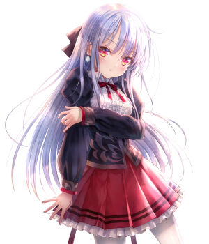 Rule 34 | 1girl, alternate costume, angel beats!, arm under breasts, black jacket, black ribbon, blush, bow, bowtie, center frills, collared shirt, commentary request, cowboy shot, earrings, eyelashes, eyes visible through hair, floating hair, frilled shirt, frilled skirt, frills, goto p, hair between eyes, hair ribbon, half updo, highres, holding own arm, jacket, jewelry, juliet sleeves, long hair, long sleeves, looking at viewer, miniskirt, open clothes, open jacket, parted lips, pleated skirt, puffy sleeves, red bow, red bowtie, red eyes, red skirt, ribbon, shirt, sidelocks, skirt, solo, straight hair, tachibana kanade, very long hair, white hair, white shirt