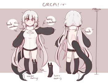 1girl animal_ear_legwear artist_self-insert asymmetrical_legwear backless_outfit bare_shoulders black_hair black_socks breasts brown_background cetacean_tail reference_sheet chonkyorca cleavage_cutout closed_mouth clothing_cutout commentary english_commentary fins fish_tail grey_hair heart_cutout height highres long_hair long_sleeves looking_at_viewer low_twintails medium_breasts multicolored_hair multiple_views no_shoes orca_(chonkyorca) original outstretched_arm puffy_long_sleeves puffy_sleeves purple_eyes rabbit_ear_legwear shoulder_cutout smile socks standing streaked_hair sweater tail turtleneck turtleneck_sweater twintails two-tone_background very_long_hair white_background white_sweater