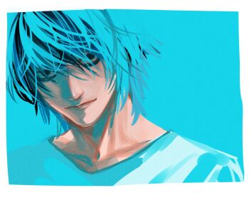 1boy aqua_background bags_under_eyes black_eyes black_hair closed_mouth collarbone death_note hair_between_eyes l_(death_note) looking_at_viewer male_focus messy_hair no_eyebrows pan2ca shirt short_hair sketch solo upper_body white_shirt