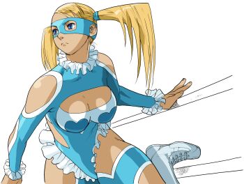 1girl bengus blonde_hair blue_eyes blue_leotard blue_mask breasts clothing_cutout foot_up game_cg hand_up highres leotard long_hair looking_to_the_side mask non-web_source official_art portrait rainbow_mika short_twintails shoulder_cutout simple_background solo street_fighter street_fighter_zero_(series) teeth twintails white_background wrestler wrestling_mask wrestling_outfit