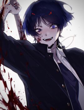 1boy alternate_costume arm_up black_jacket black_shirt black_sleeves blood blood_on_clothes blood_on_face blood_on_hands blood_splatter bloody_weapon blunt_ends blush collared_jacket collared_shirt contemporary crazy crazy_eyes crazy_smile eyelashes gakuran genshin_impact highres holding holding_weapon incoming_attack jacket long_sleeves looking_at_viewer male_focus open_clothes open_jacket open_mouth open_shirt purple_eyes purple_hair scaramouche_(genshin_impact) school_uniform shirt smile solo teeth three-quarter_sleeves tongue undershirt uneven_eyes upper_body w02_14 wanderer_(genshin_impact) weapon weapon_request white_shirt wispy_bangs