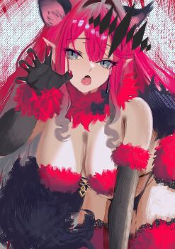 1girl absurdres animal_ears baobhan_sith_(fate) bare_shoulders black_gloves black_panties bow breasts cleavage commentary_request cosplay earrings elbow_gloves fang fate/grand_order fate_(series) fur-trimmed_gloves fur-trimmed_thighhighs fur_collar fur_trim gloves grey_eyes highres jewelry lace lace-trimmed_thighhighs lace_trim large_breasts long_hair looking_at_viewer mash_kyrielight mash_kyrielight_(dangerous_beast) mash_kyrielight_(dangerous_beast)_(cosplay) mishiro_(ixtlolton) o-ring open_mouth panties pink_hair pointy_ears red_thighhighs revealing_clothes sidelocks solo tail thighhighs thighs tiara underwear wolf_ears wolf_tail