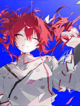 Rule 34 | 1girl, blue background, blush, breasts, buttons, closed eyes, collared shirt, double-breasted, drill hair, grey shirt, grin, hair between eyes, hair ribbon, hand up, highres, kureha (sound voltex), long sleeves, medium breasts, nail polish, parted lips, red hair, red nails, ribbon, shirt, short hair, simple background, smile, solo, synthesizer v, twin drills, ummwa, white ribbon