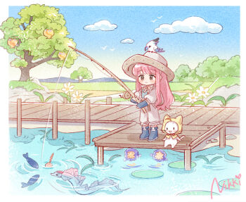 1girl animal animal_on_head artist_request backpack bag belt bird bird_on_head black_eyes blue_arm_warmers blue_footwear blue_shirt blue_sky blush_stickers boots border bow bowtie brown_bag brown_belt brown_eyes brown_hat brown_jacket brown_pants bush cat chibi closed_mouth clothed_animal cloud copyright_name daisy_(flower) day dock dot_nose eel fish fishing fishing_rod flower frilled_pants frills happy hat holding holding_fishing_rod in-universe_location infinity_nikki jacket lily_pad long_sleeves looking_at_animal momo_(nikki) nikki_(nikki) nikki_(series) official_art on_head open_clothes open_jacket open_mouth outdoors pants pink_ribbon_eel_(infinity_nikki) pond puffy_long_sleeves puffy_sleeves red_bow red_bowtie ribbon-trimmed_headwear ribbon_trim ripples rippling_serenity_(infinity_nikki) rock second-party_source shirt simple_bird sitting sky smile solid_oval_eyes standing tareme traditional_bowtie tree whiskers white_bird white_border white_bow white_bowtie white_cat white_flower