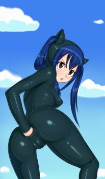 1girl aenenra anal anal_fisting blue_hair bodysuit breasts cleft_of_venus covered_anus fairy_tail female_focus fisting from_below highres latex latex_suit loli penetration_through_clothes shiny_clothes skin_tight solo tagme through_clothes wendy_marvell
