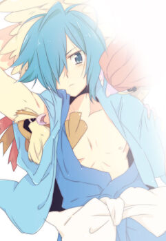 1boy bird blue_eyes blue_hair blue_jacket blue_kimono commentary_request falkner_(pokemon) from_above gen_1_pokemon hair_over_one_eye jacket japanese_clothes kimono lying male_focus nakamura_sandayo nintendo on_back open_clothes open_jacket pidgeotto pidgey pokemon pokemon_(creature) pokemon_gsc sash short_hair short_sleeves