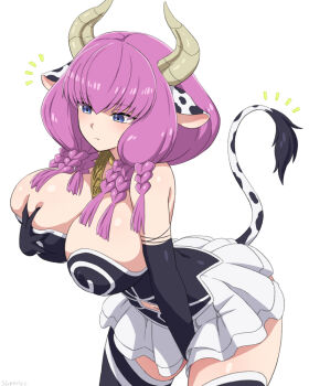 1girl animal_ears arm_between_legs aura_(sousou_no_frieren) black_leotard black_thighhighs blue_eyes blush braid breasts cleavage closed_mouth cow_ears cow_tail cowboy_shot demon_girl demon_horns grabbing_own_breast horns large_breasts leaning_forward leotard medium_hair multiple_braids pink_hair simple_background skirt solo sousou_no_frieren tail thighhighs umi_no_tarako white_background white_skirt