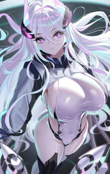 1girl absurdres armored_boots azur_lane blue_gloves blurry boots breasts commentary covered_navel cropped_jacket depth_of_field floating_hair gloves glowing grey_background groin hair_between_eyes hair_intakes headgear highleg highleg_leotard highres jacket kearsarge_(azur_lane) large_breasts leotard long_hair long_hair_between_eyes long_sleeves looking_at_viewer multicolored_hair multicolored_jacket parted_lips pigu_56100 purple_eyes sideboob sideless_leotard sidelocks solo standing thigh_boots thighs two-tone_jacket very_long_hair white_hair white_jacket