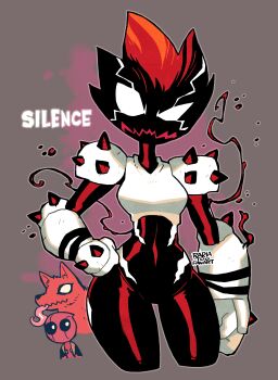 1boy 1girl absurdres armor bodysuit breasts character_name deadpool deadpool_(series) dog gloves highres long_tongue looking_at_another looking_at_viewer marvel medium_breasts multicolored_bodysuit multicolored_hair open_mouth princess_(marvel) rariatto_(ganguri) red_bodysuit red_hair red_mask sharp_teeth short_hair shoulder_armor shoulder_spikes silence_(marvel) simple_background solo_focus spider-man_(series) spikes streaked_hair superhero_costume symbiote teeth tongue two-tone_bodysuit white_armor white_eyes white_gloves