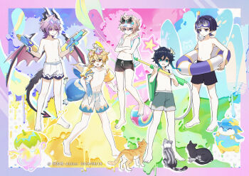 5boys absurdres aether_(genshin_impact) aether_(hot_springs)_(genshin_impact) alalen aqua_hair bare_legs barefoot black_hair black_male_swimwear blonde_hair braid cat closed_mouth dahlia dragon_boy dragon_horns dragon_tail dragon_wings eyewear_on_head feet flower genshin_impact goggles goggles_on_head gradient_hair green_male_swimwear hair_flower hair_ornament highres holding holding_water_gun hood hooded_jacket horns innertube jacket long_hair male_swimwear mini_durin_(genshin_impact) mini_durin_(human)_(genshin_impact) multicolored_hair multiple_boys navel pink_eyes pink_hair purple_hair scaramouche_(genshin_impact) short_hair stomach swim_ring tail toes topless_male twin_braids venti_(genshin_impact) visor_cap water_gun white_male_swimwear wings