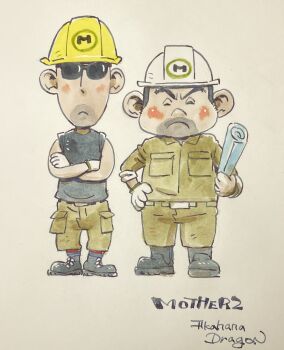 2boys akahanadragon black_hair blueprint_(object) blush_stickers boots brothers copyright_name crossed_arms facial_hair facing_viewer full_body george_montague gerardo_montague gloves hand_on_own_hip helmt mining_helmet mother_(series) mother_2 multiple_boys nintendo siblings standing stubble sunglasses traditional_media