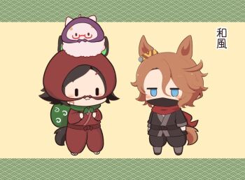 2girls :3 animal_ears bandaid bandaid_on_cheek bandaid_on_face biwa_hayahide_(umamusume) black_hair black_kimono black_shoes blue_eyes blush bnw_(umamusume) brown_hair chibi chibi_only closed_mouth commentary_request full_body gomashio_(goma_feet) green_scarf hat horse_ears horse_girl horse_tail japanese_clothes jitome kimono long_sleeves mask mouth_mask multiple_girls narita_taishin_(umamusume) red_hat red_kimono red_scarf scarf shoes short_hair simple_background smile standing tail translation_request umamusume white_shoes winning_ticket_(umamusume) |_|