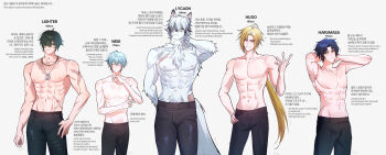 5boys abs asaba_harumasa blonde_hair furry highres hugo_vlad karlcoux lighter_(zenless_zone_zero) male_focus multiple_boys nipples no_shirt pants scar scar_on_chest von_lycaon wise_(zenless_zone_zero)