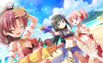 3girls ^_^ akemi_homura akemi_homura_(splashin'_kyubey_blast) antenna_hair artist_request back_bow bare_arms bare_legs beach beach_towel beach_umbrella bikini bikini_skirt black_bikini black_bow black_choker black_hair black_hairband blue_sky bow bowtie bracelet braid braided_base bubble_skirt card_commentary chest_jewel child choker closed_eyes closed_mouth clothing_cutout cloud collar commentary cowboy_shot day detached_collar detached_sleeves diamond_cutout diamond_hair_ornament dot_nose dutch_angle expressionless fang feet_out_of_frame flower forest furrowed_brow game_asset gem gold_bracelet gold_necklace gold_thighlet hair_between_eyes hair_bow hair_flower hair_ornament hair_tubes hairband halterneck hand_jewel hand_on_own_head happy hibiscus high_ponytail highres holding holding_water_gun jewelry jitome kaname_madoka kaname_madoka_(swimsuit_ver.) knees lace lace-trimmed_choker lace-trimmed_skirt lace_choker lace_trim layered_bikini light_blush light_frown light_rays long_hair looking_at_another lotus low-tied_long_hair mahou_shoujo_madoka_magica mahou_shoujo_madoka_magica_(anime) mahou_shoujo_madoka_magica_magia_exedra miniskirt mountain multiple_girls nature navel necklace ocean official_alternate_costume official_art open_mouth outdoors palm_tree pink_bow pink_bowtie pink_choker pink_eyes pink_gem pink_hair ponytail puffy_short_sleeves puffy_sleeves purple_bikini purple_bow purple_collar purple_eyes purple_flower purple_gem purple_sarong purple_sleeves red_bikini red_bow red_gem red_hair red_sarong sakura_kyoko sakura_kyoko_(swimsuit_ver.) sarong see-through_bow see-through_clothes see-through_sarong see-through_skirt short_hair short_side_ponytail short_sleeves side_ponytail side_ponytail_with_braided_base sidelocks single_hair_tube skirt sky smile sparkle spraying stomach summer sun swimsuit tareme thighlet towel town tree umbrella very_long_hair water_drop water_gun white_bikini white_bow white_flower white_skirt white_sleeves yellow_flower