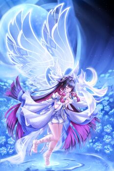 1girl absurdres bare_shoulders barefoot black_hair blue_flower bow closed_eyes columbina_(genshin_impact) commentary dress flower full_body genshin_impact hair_ornament hands_up highres kuma_piv long_hair long_sidelocks luonnotar_(genshin_impact) multicolored_hair own_hands_clasped own_hands_together parted_lips purple_hair ripples sidelocks solo toes very_long_hair water white_bow white_dress wing_hair_ornament wings