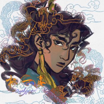 1boy animal black_eyes blue_hanfu brown_hair character_name chinese_clothes chinese_guardian_lion closed_mouth cloud color_contrast colored_lineart commentary curly_hair dark-skinned_male dark_skin earrings english_commentary frown glaring gold hanfu high_ponytail jewelry lion looking_at_viewer male_focus ponytail portrait quan_yizhen solo tassel tassel_earrings teardew tianguan_cifu white_background xiangyun xiao_guan_(headdress)