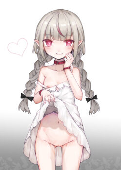 1girl bare_arms bare_shoulders black_bow blunt_bangs blush bow braid breasts closed_mouth clothes_lift collar dress dress_lift fangs fangs_out female_focus gluteal_fold gradient_background grey_background grey_hair groin hair_bow hand_up heart heart-shaped_pupils lifting_own_clothes loli long_hair low_twintails makaino_ririmu makaino_ririmu_(3rd_costume) multicolored_hair n87miro navel nijisanji nipples no_panties pointy_ears pussy red_collar red_eyes red_hair sleeveless sleeveless_dress small_breasts smile solo strap_slip streaked_hair symbol-shaped_pupils twin_braids twintails very_long_hair virtual_youtuber white_background white_dress