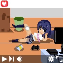 1girl ? animated black_hair blue_hair box cum cum_in_pussy disembodied_penis ejaculation fake_screenshot internal_cumshot leg_lift lowres lying multitasking necktie nijisanji on_ground on_side penis pink_neckwear pixel_art sex shizuka_rin short_hair socks testest trash_can user_interface vaginal virtual_youtuber video