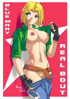 artist_name belmont_art belt black_gloves blonde_hair blonde_pubic_hair blue_eyes blue_mary blue_pants breasts brown_belt character_name cropped_jacket fatal_fury female_pubic_hair fingerless_gloves gloves green_jacket highres jacket large_breasts navel nipples open_clothes open_jacket pants pubic_hair short_hair sleeves_rolled_up snk source_request star_(symbol) uncensored undressing