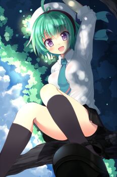 1girl :d bad_id bad_pixiv_id black_socks blush bra convenient_leg female_focus foreshortening green_hair hat highres in_tree kneehighs komone_ushio lingerie necktie open_mouth original pleated_skirt purple_eyes rifa_tellu_anelethea_(komone_ushio) see-through_clothes shoes short_hair sitting sitting_in_tree skirt sleeves_rolled_up smile socks solo tree underwear