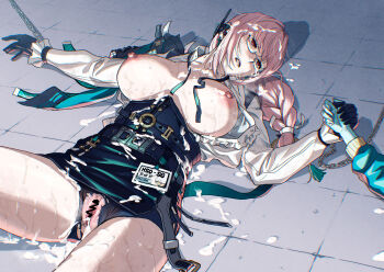 after_rape aftersex azasuke black_gloves black_skirt bound breasts censored cum cum_in_pussy cum_on_body cum_on_breasts cum_on_upper_body empty_eyes facial glasses gloves highres holding_hands large_breasts long_hair lying pink_hair shirt skirt torn_clothes tsukishiro_yanagi white_shirt zenless_zone_zero