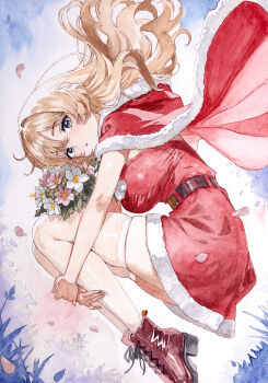 Rule 34 | 1girl, absurdres, blonde hair, blue eyes, boots, bouquet, breasts, brown boots, cape, capelet, commentary request, double-parted bangs, dress, flower, full body, fur-trimmed cape, fur-trimmed dress, fur trim, hair between eyes, highres, hugging own legs, lace-up boots, large breasts, lensia, long hair, looking at viewer, original, painting (medium), parted lips, petals, red cape, red capelet, red dress, santa costume, santa dress, skindentation, solo, thighhighs, traditional media, watercolor (medium), white thighhighs