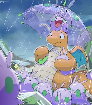 Rule 34 | ..., :d, :s, artist name, black eyes, blue wings, cloud, cloudy sky, colored skin, dragon, dragonite, gen 1 pokemon, gen 6 pokemon, goomy, highres, holding, holding umbrella, nintendo, no humans, open mouth, orange skin, pokemon, polynimuri, rain, sky, smile, tail, transparent, transparent umbrella, umbrella, wings